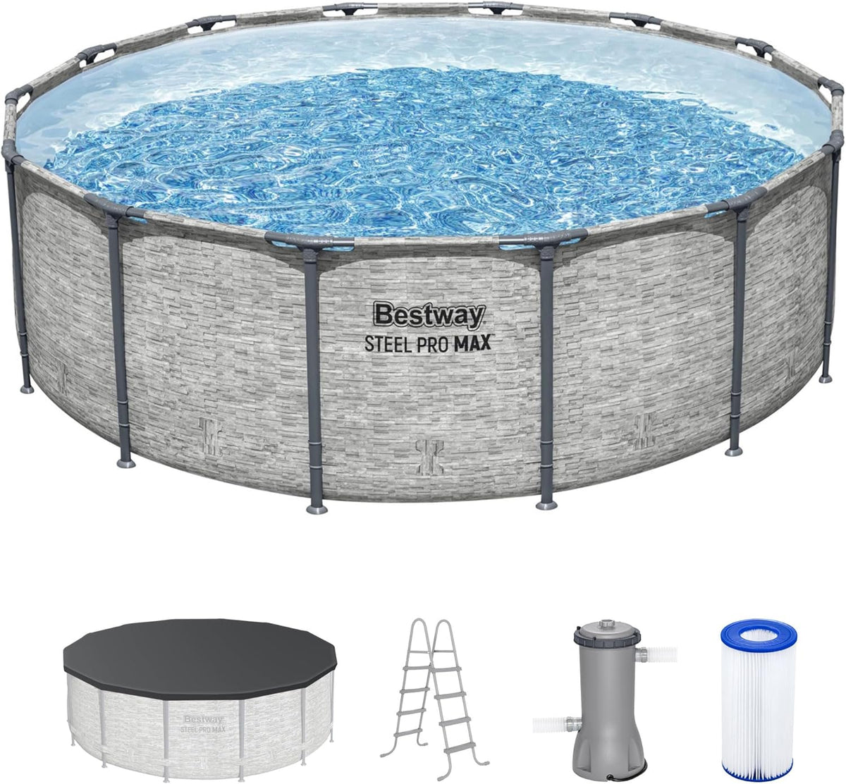 Steel Pro MAX 14 Foot x 48 Inch Round Metal Frame Above Ground Outdoor Swimming Pool Set with 1,000 Filter Pump, Ladder, and Cover, Gray