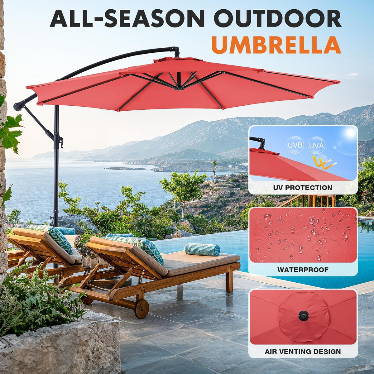 9.8FT Offset Patio Umbrella Hanging Cantilever Umbrella Outdoor Sun Shade with Easy Tilt Adjustment, 8 Ribs, UV Protection for Backyard, Lawn, Garden and Pool, Blue