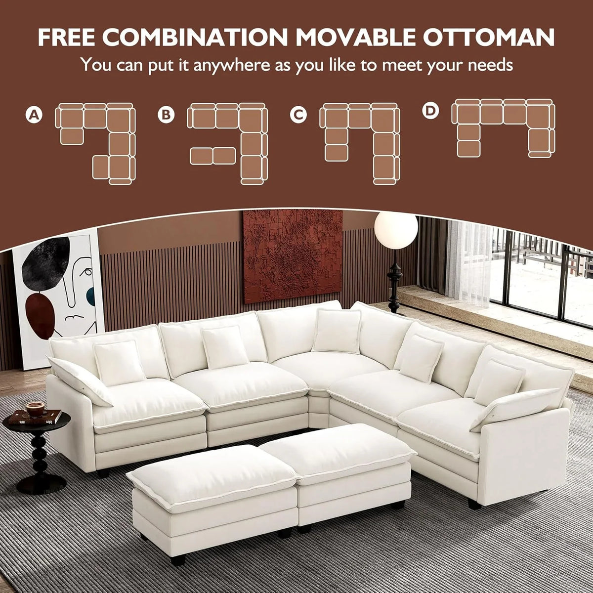 Ihanherry 146" U-Shaped Modern Sofa Modular Sectional Cloud Couch with 2 Ottoman, 6-Seat Chenille Deep Seat Sofa with 6 Pillows for Living Room, Bedroom and Apartment, Grey