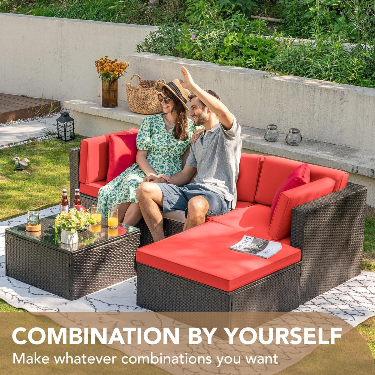 Devoko 5 Pieces Patio Furniture Sets All Weather Outdoor Sectional Patio Sofa Manual Weaving Wicker Rattan Patio Seating Sofas with Cushion and Glass Table(Beige)