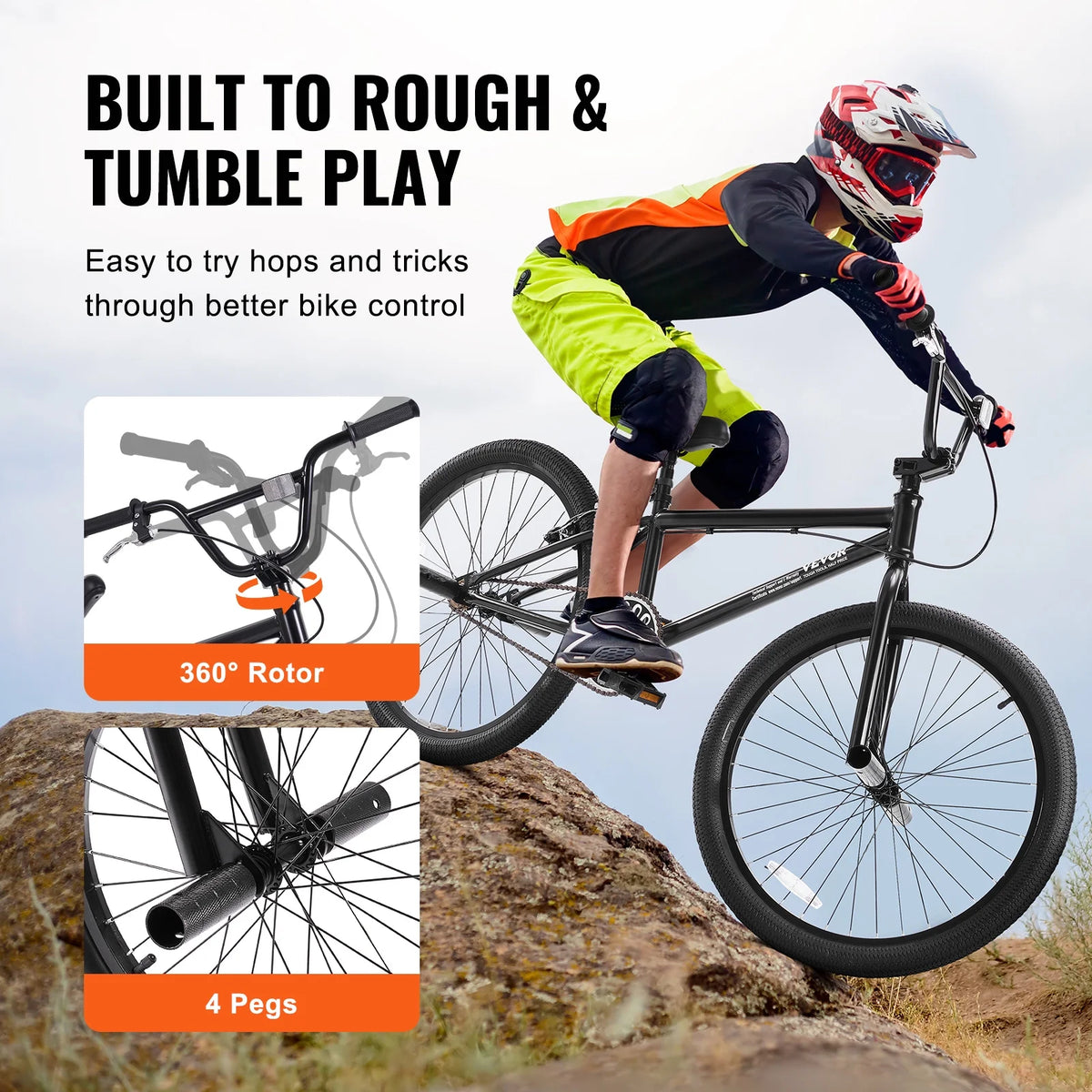 VEVOR BMX Bike, 24-Inch Wheel Freestyle Bike, BMX Race Bike with 4 Pegs, Beginner-Level BMX to Advanced Riders, BMX Bicycles for Teen Adult Men Women, Durable Hi-Ten Steel Frame, Easy to Assemble