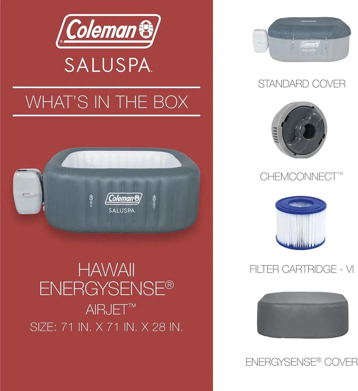 4 to 6 Person Inflatable Hot Tub Square Portable Outdoor Spa with 114 Soothing AirJets and Insulated Cover, Gray-Coleman