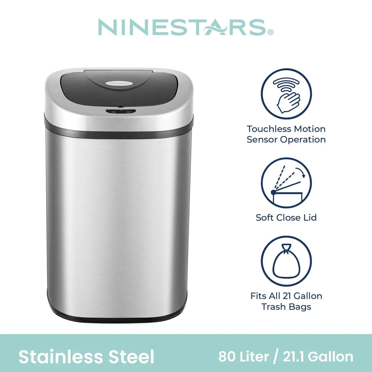 Nine Stars Automatic Trash Can, 21 Gallon Stainless Steel, Motion Sensor Hands Free Soft Close Lid Garbage Bin, Silver