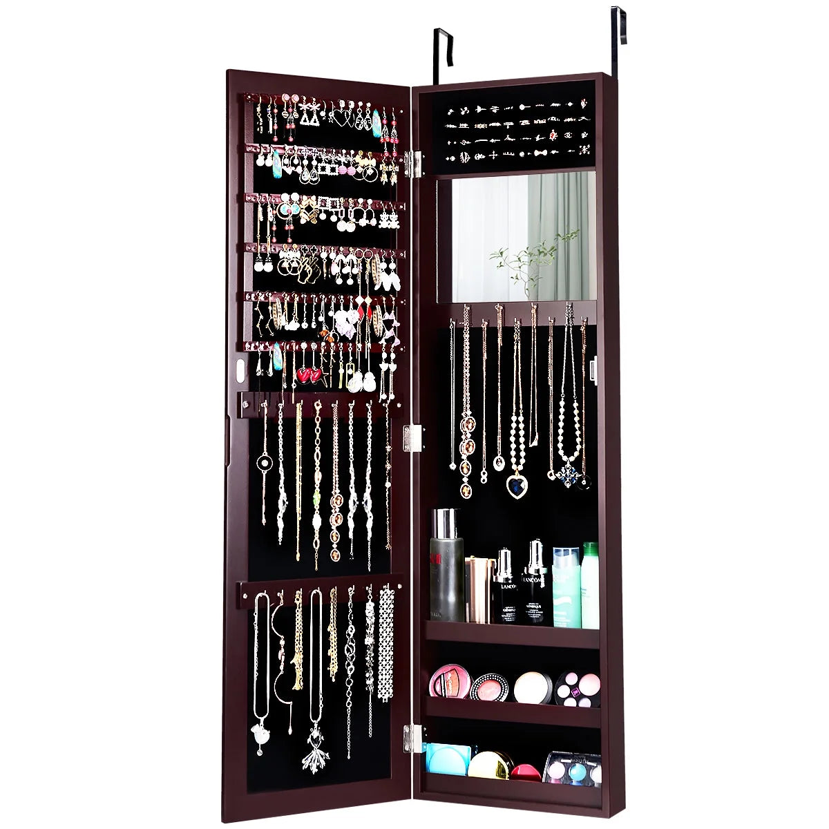 Costway Wall Door Mounted Mirrored Jewelry Cabinet Storage Organizer-Black