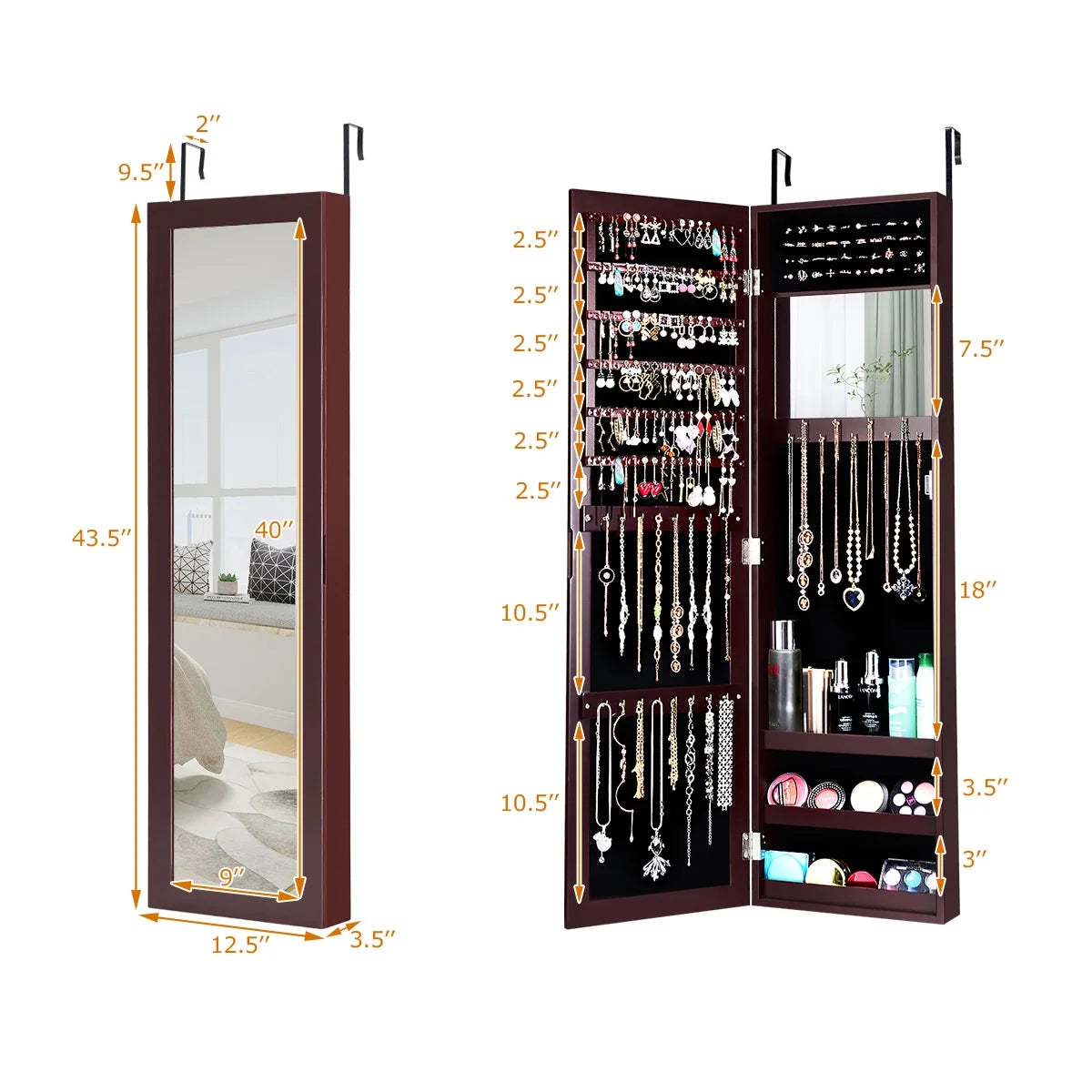 Costway Wall Door Mounted Mirrored Jewelry Cabinet Storage Organizer-Black