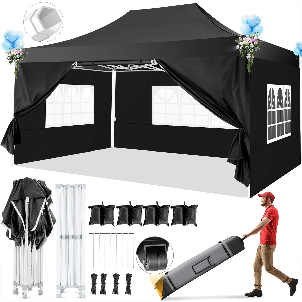Hoteel 10x15 Heavy Duty Canopy Tent with 4 Sidewalls,Pop up Canopy for Parties Wedding,Commercial Easy up Gazebo with Roller Bag,UV 50+ &,Black