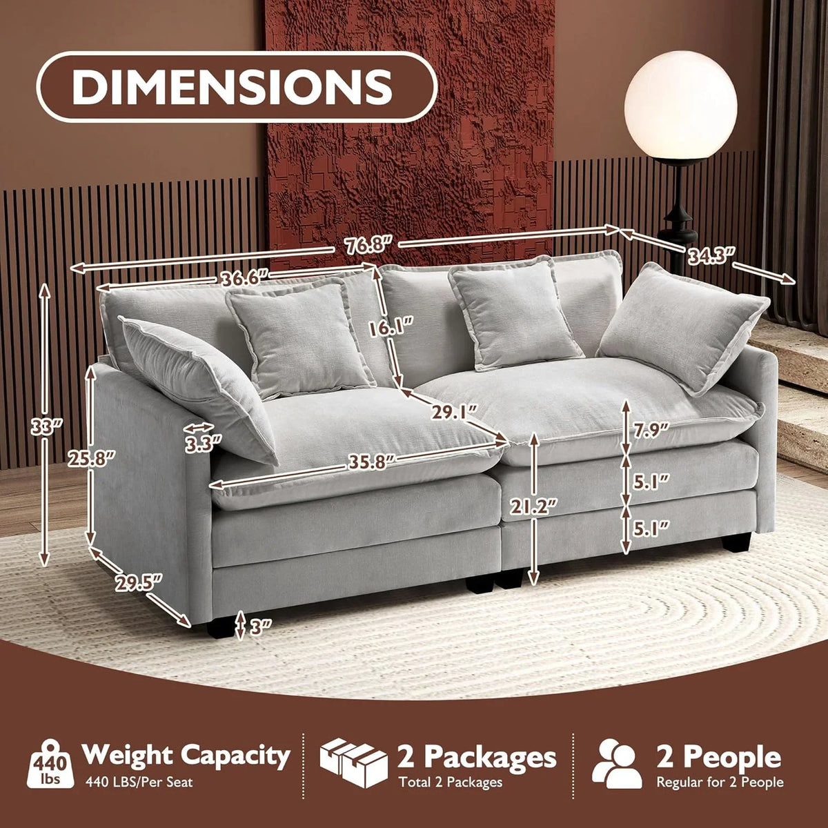 Ihanherry 146" U-Shaped Modern Sofa Modular Sectional Cloud Couch with 2 Ottoman, 6-Seat Chenille Deep Seat Sofa with 6 Pillows for Living Room, Bedroom and Apartment, Grey