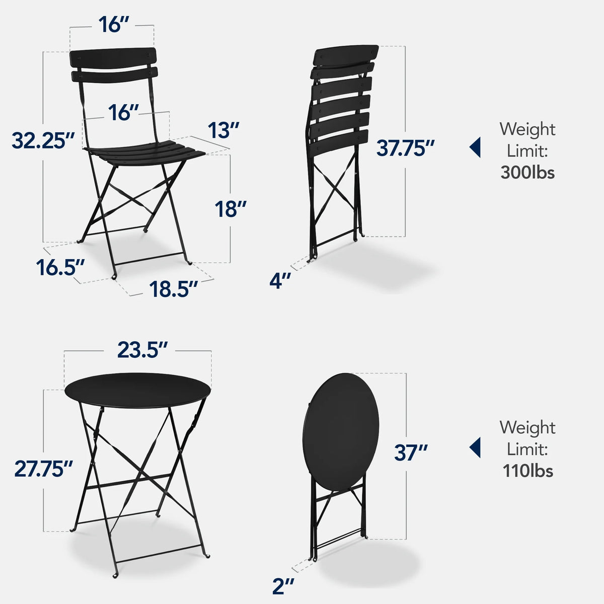 Best Choice Products 3-Piece Small Bistro Set, Folding Patio Furniture Set of 2 Chairs and Table - Black