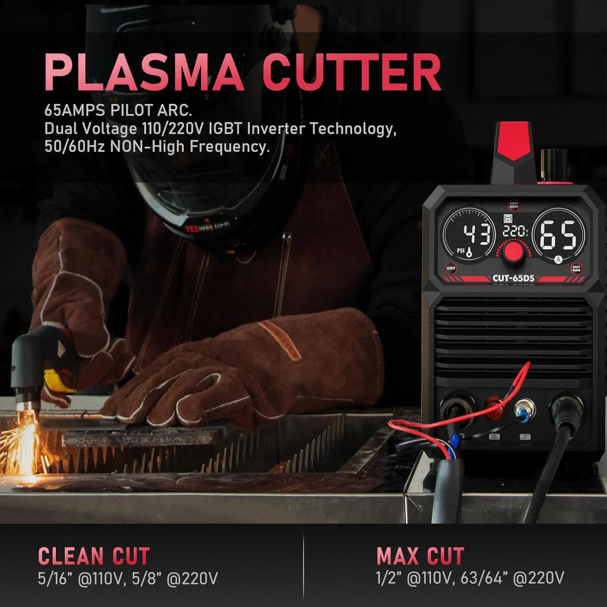 Plasma Cutting Machine 65Amp Non-High Frequency Non-Touch Arc Digital Screen Display DC Inverter 110/220V Dual Voltage Blowback Plasma Cutting Machine CUT-65DS