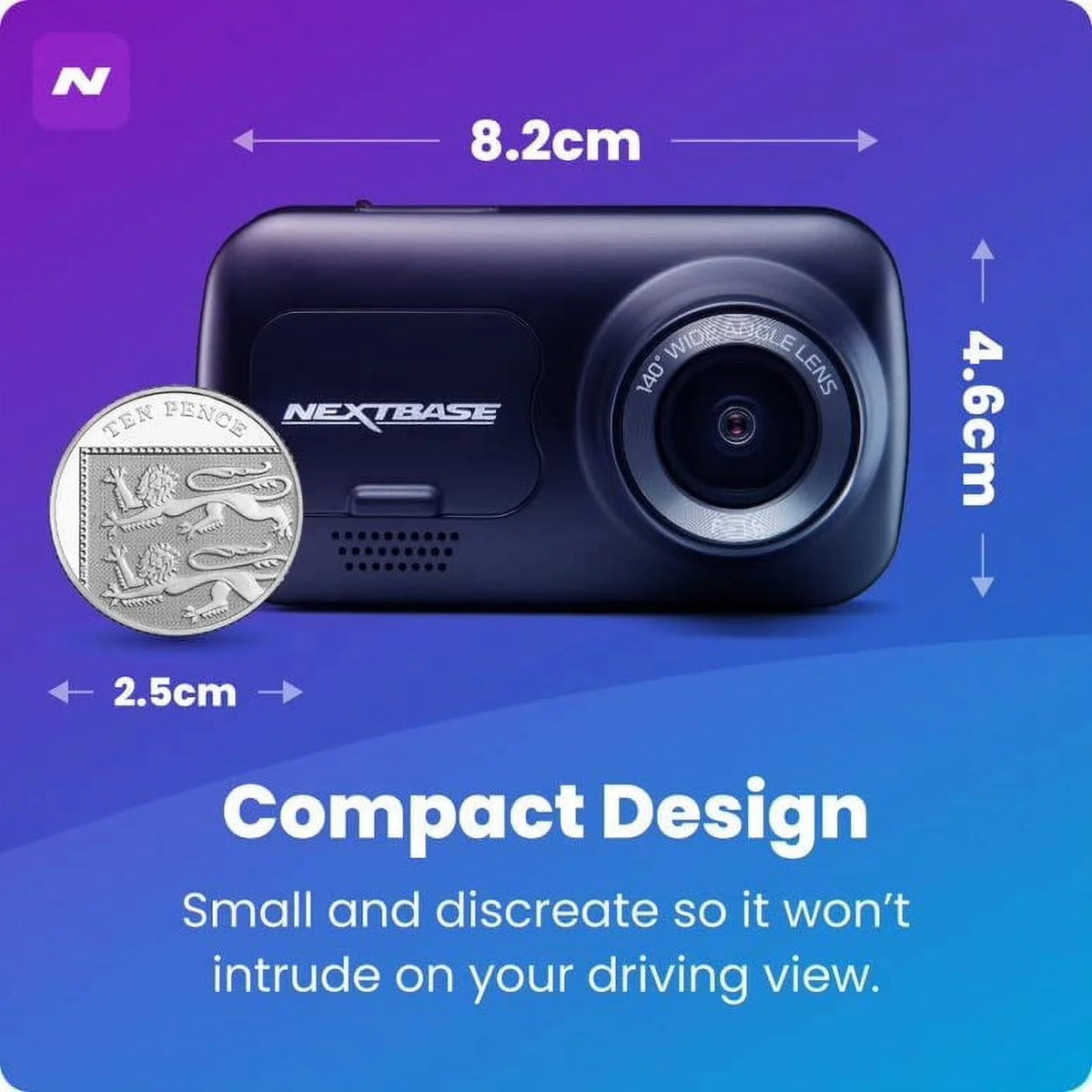 Nextbase 222X Compact Dual Dash Cam Front & Rear 2.5" HD IPS Screen, 1080p Full HD, 6 Layer Lens, Black, 0.17 lbs assembled.