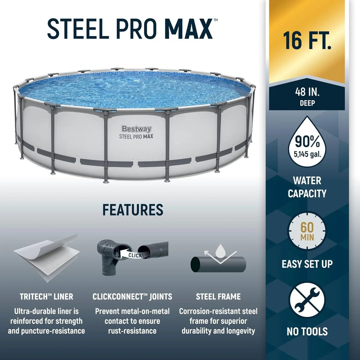 Steel Pro MAX 14 Foot x 48 Inch Round Metal Frame Above Ground Outdoor Swimming Pool Set with 1,000 Filter Pump, Ladder, and Cover, Gray