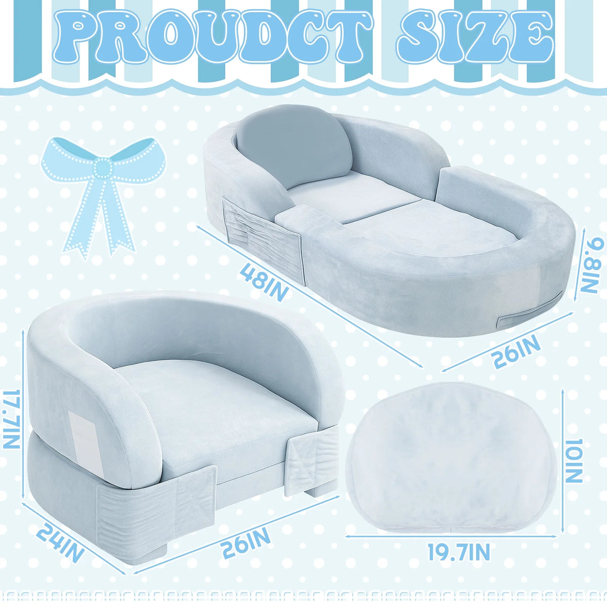 Coumy Toddler Travel Bed 2-in-1 Kids Sofa Chair with Removable Cover, Soft Foam Portable Foldable Toddler Bed for Travel with Carrying Bag, Blue