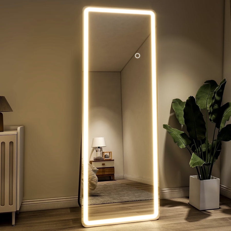 BEAUTYPEAK 64" x 21" LED Rectangular Full Length Mirror Standing Floor Mirror with Safe Corners,White