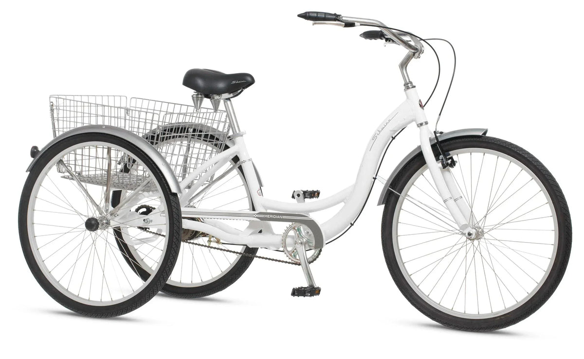 2025 Schwinn Meridian Adult Tricycle Bike Mens and Womens Three Wheel Beach Cruiser 26-inch Wheels Low Step-Through Frame Wide Seat Rear Folding Basket Sin