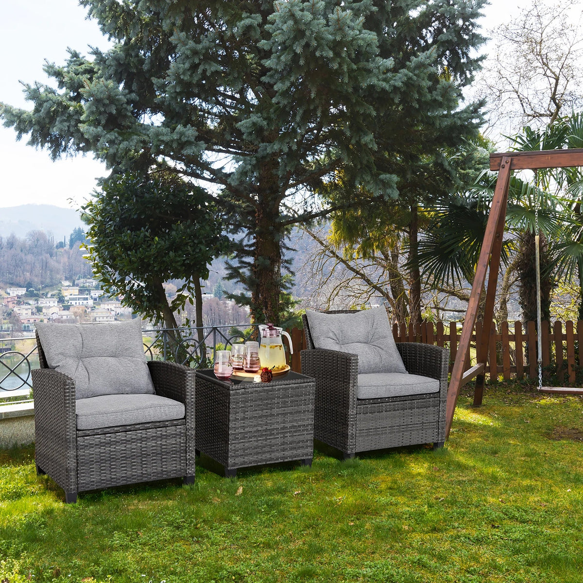 Gymax 3PCS Patio Rattan Sofa Set Outdoor Wicker Conversation Set Glass Tabletop w/ Grey Cushion