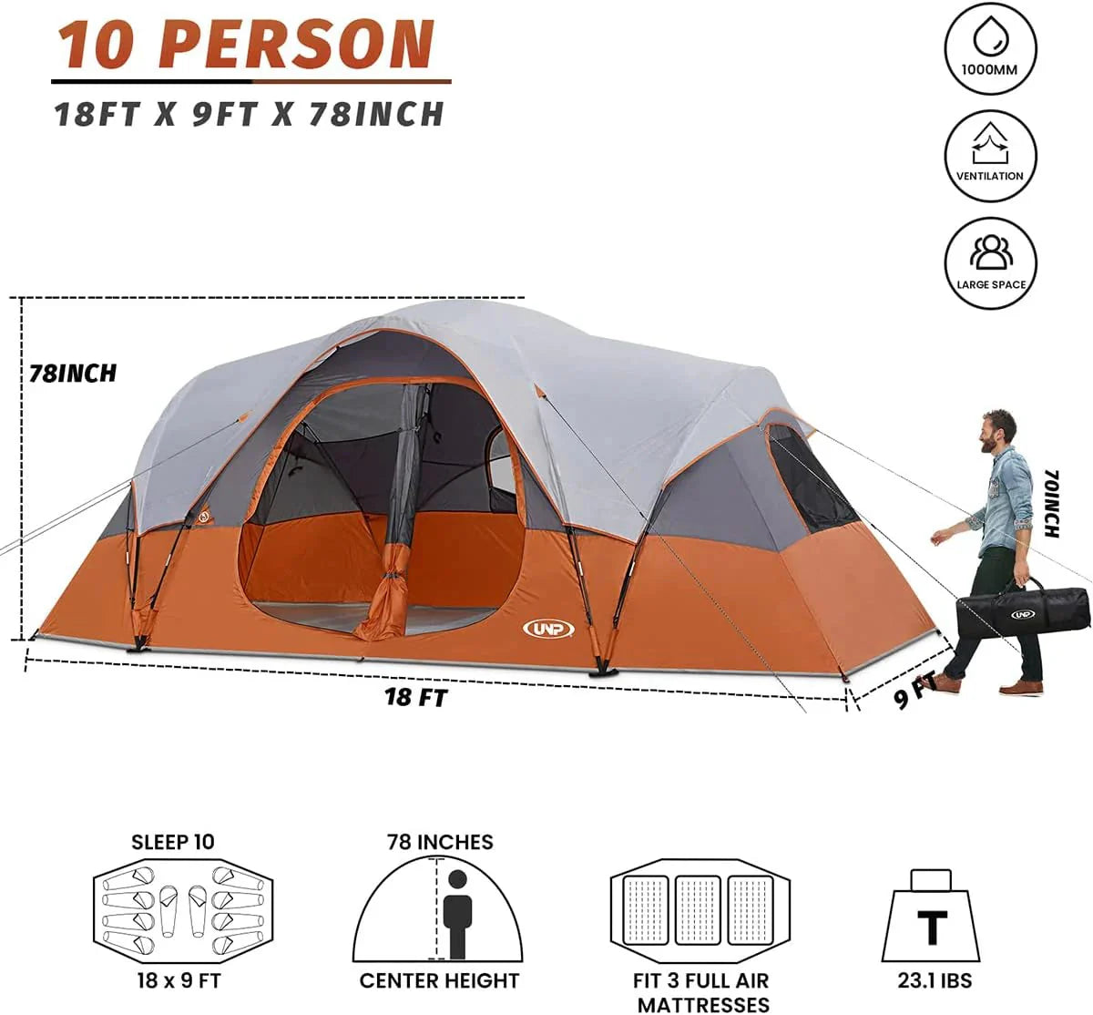 UNP Camping Tent 10-Person-Family Tents, Parties, Music Festival Tent, Big, Easy Up, 5 Large Mesh Windows, Double Layer, 2 Room, Waterproof, Weather Resistant, 18ft x 9ft x78in