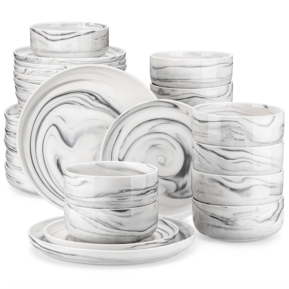 vancasso 36 Pieces Dinnerware Sets, Plates and Bowls Set for 8, Porcelain Dinner Set, White with Black Rim