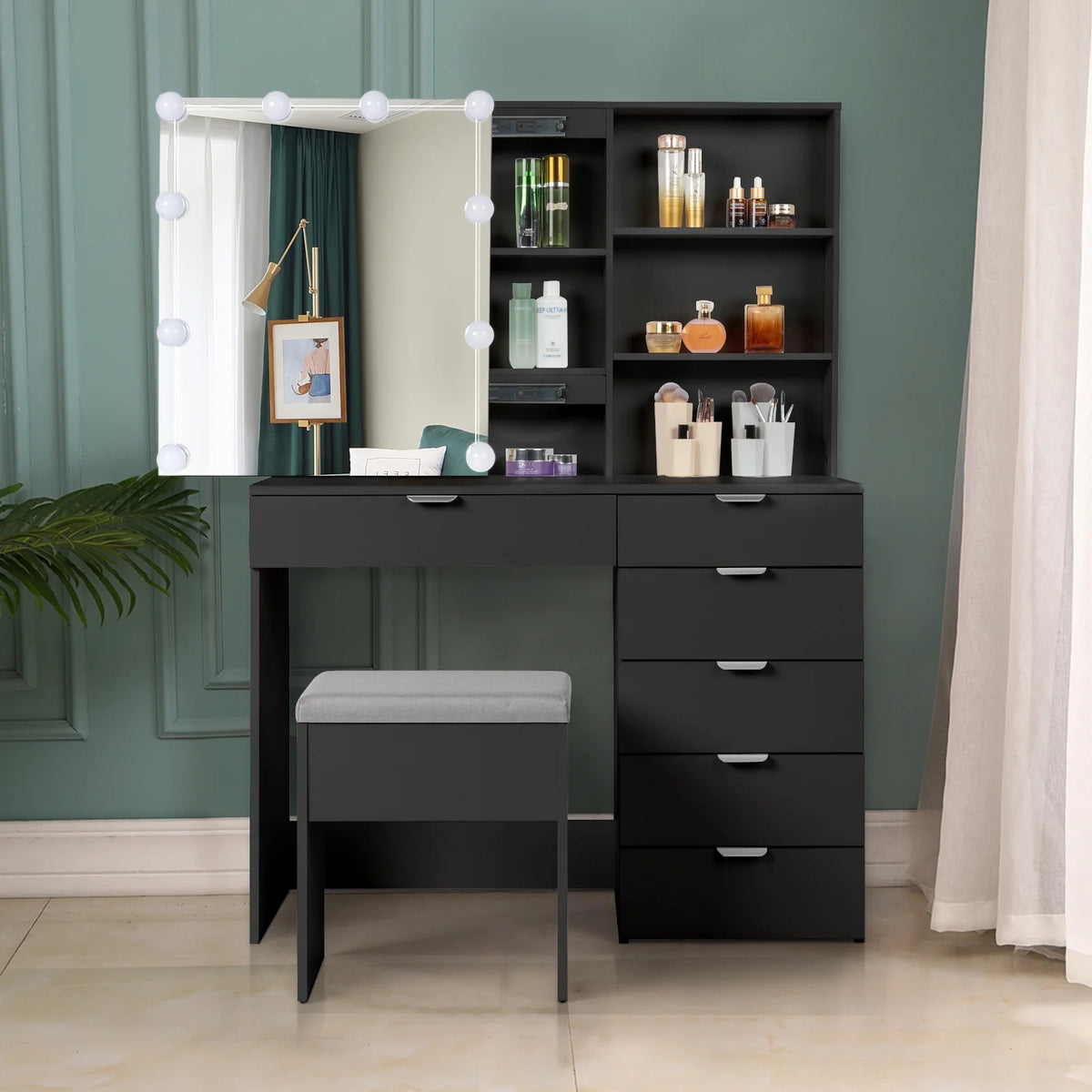 Ktaxon Vanity Set with 3 Color Lighted Mirror, Makeup Table with 6 Drawers, Dressing Table Makeup Desk with Stool, White