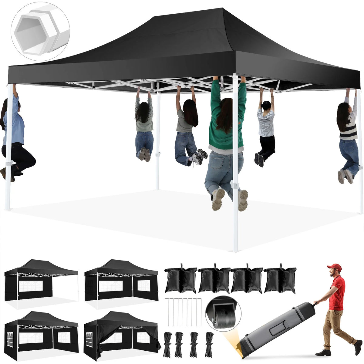 Hoteel 10x15 Heavy Duty Canopy Tent with 4 Sidewalls,Pop up Canopy for Parties Wedding,Commercial Easy up Gazebo with Roller Bag,UV 50+ &,Black