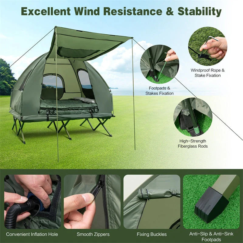 5-in-1 Tent Cot 2-Person Portable Outdoor Camping Tent Combo with Air Mattress Sleeping Bag & Sunshade