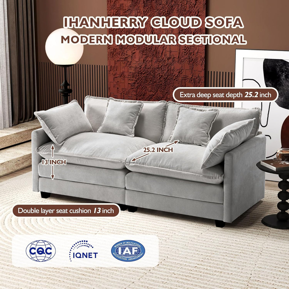 Ihanherry 146" U-Shaped Modern Sofa Modular Sectional Cloud Couch with 2 Ottoman, 6-Seat Chenille Deep Seat Sofa with 6 Pillows for Living Room, Bedroom and Apartment, Grey
