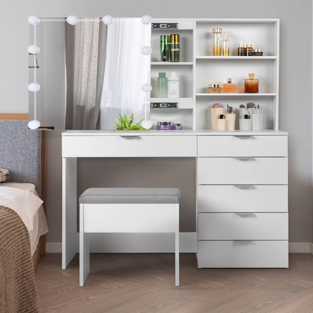 Ktaxon Vanity Set with 3 Color Lighted Mirror, Makeup Table with 6 Drawers, Dressing Table Makeup Desk with Stool, White