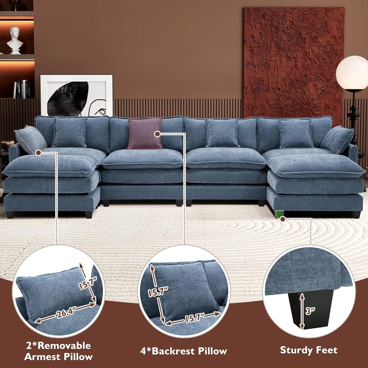 Ihanherry 146" U-Shaped Modern Sofa Modular Sectional Cloud Couch with 2 Ottoman, 6-Seat Chenille Deep Seat Sofa with 6 Pillows for Living Room, Bedroom and Apartment, Grey
