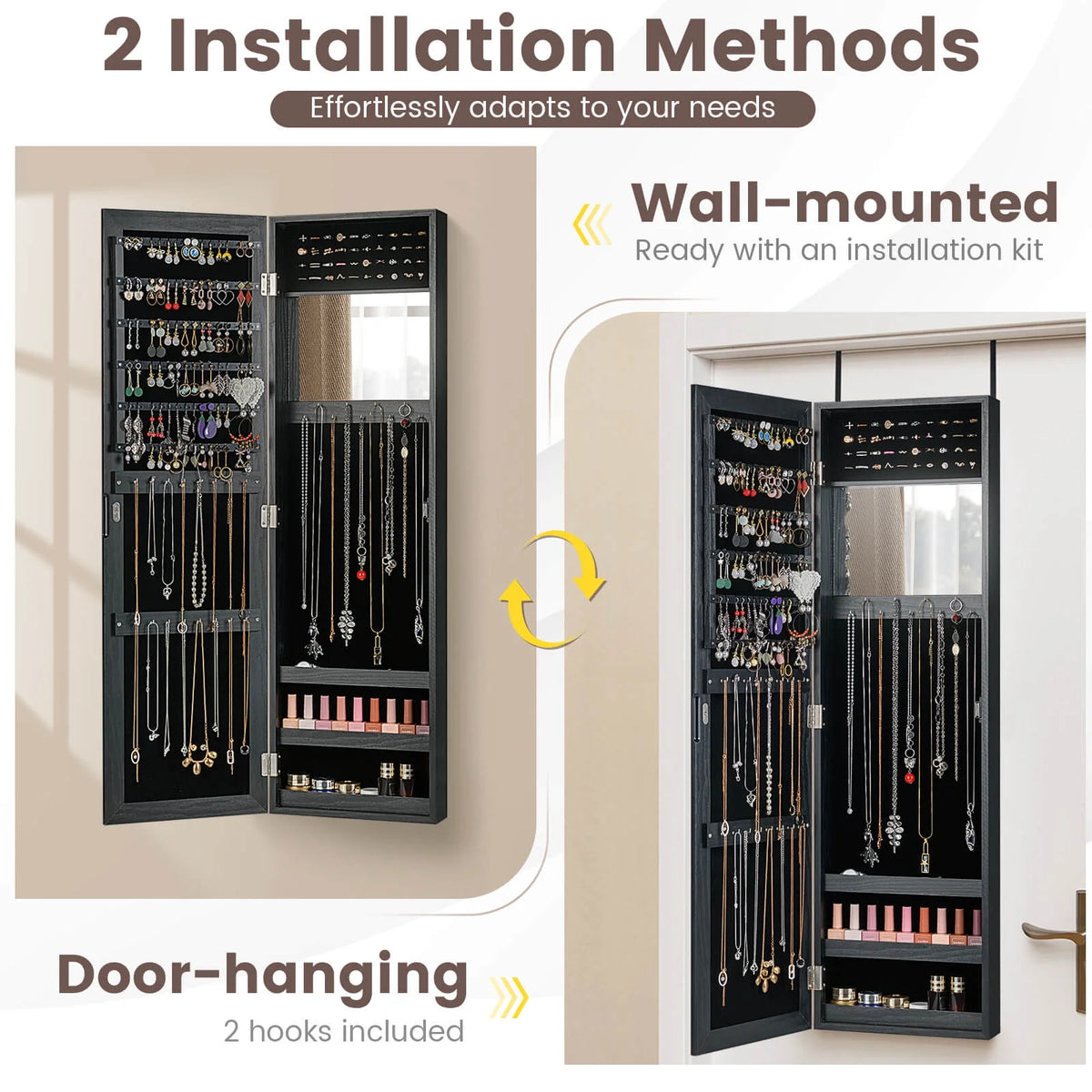 Costway Wall Door Mounted Mirrored Jewelry Cabinet Storage Organizer-Black