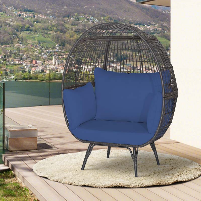 Oversized Wicker Egg Chair with 4 Cushions, Steel Frame Basket Chair Indoor Outdoor Patio Lounge Chair