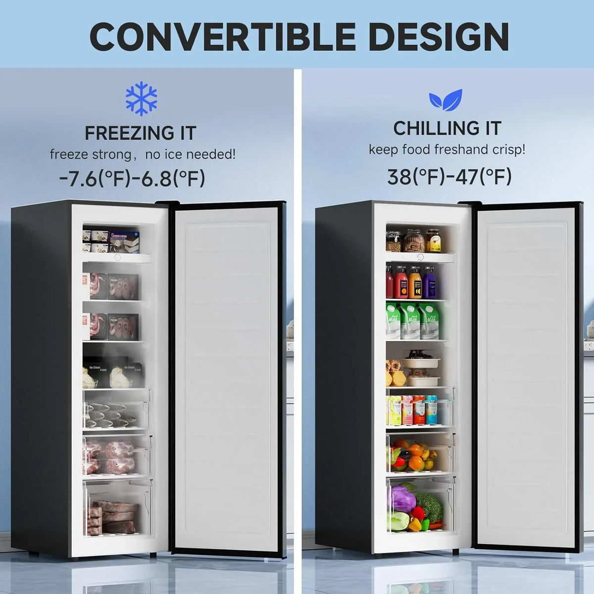 BANGSON Upright Freezer, 7.0 Cu.ft Stand Up Freezer, Convertible Upright Freezer/Refrigerator, Single Door for Kitchen,Garage, Office, Apartment, Silver