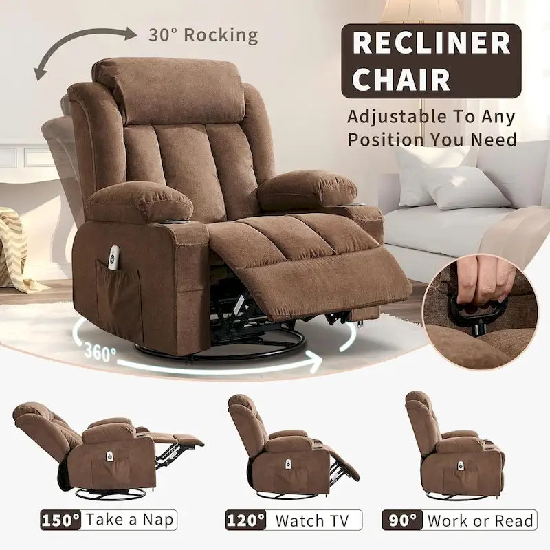Recliner Chair, Rocking Chairs with Massage and Heat, Side Pockets and Cup Holder