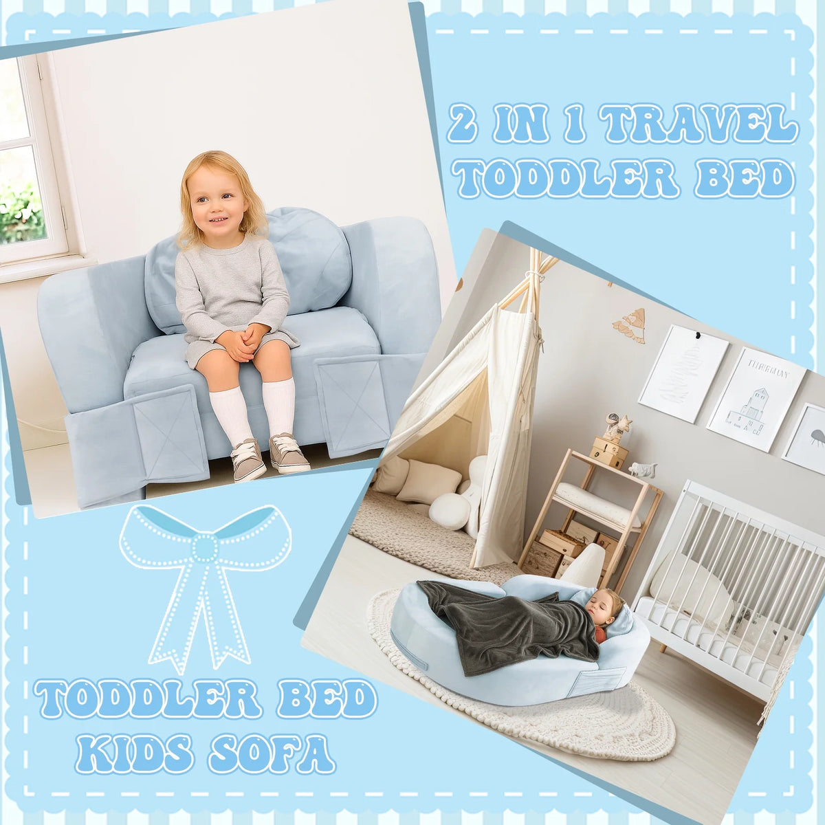 Coumy Toddler Travel Bed 2-in-1 Kids Sofa Chair with Removable Cover, Soft Foam Portable Foldable Toddler Bed for Travel with Carrying Bag, Blue