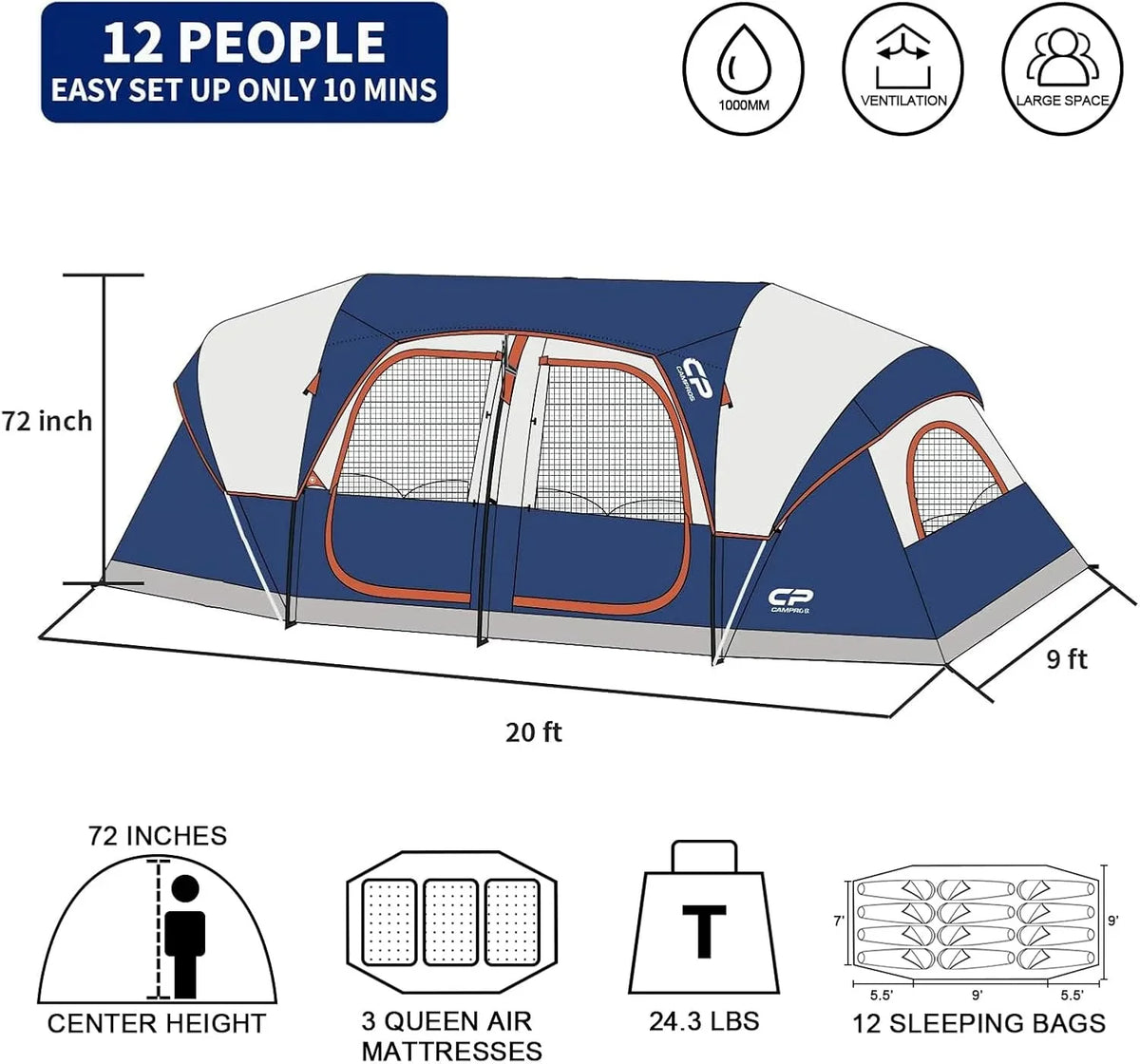 CAMPROS CP Tent 12-Person-Camping-Tents,3 Room Family Tents,Waterproof Windproof Family Tent with Top Rainfly,6 Large Mesh Windows,Double Layer,Easy Set Up, Portable with Carry Bag-20' x 9' x 72"(H)