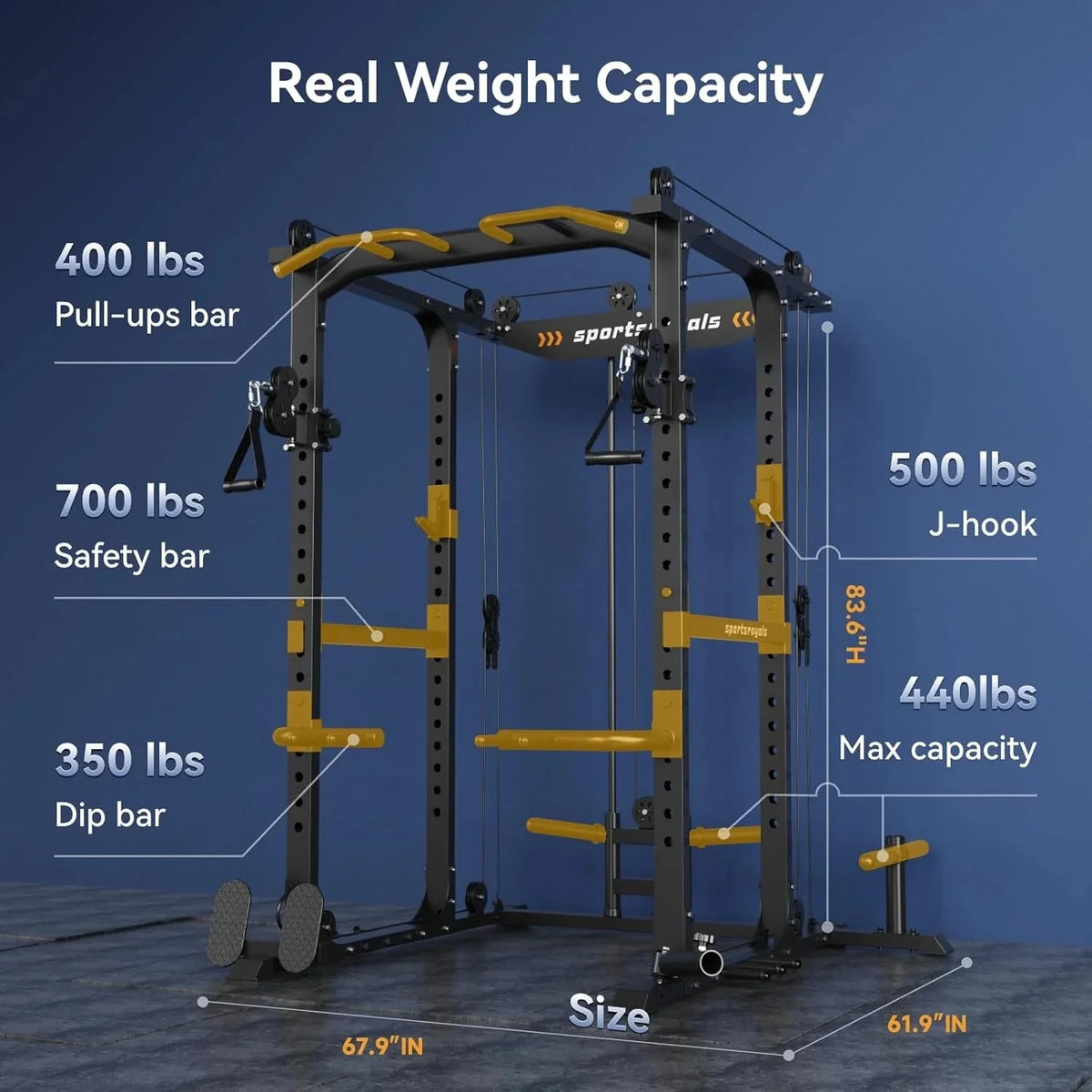 Sportsroyals Power Cage,1600lbs Multi-Function Power Rack with Adjustable Cable Crossover System and More Training Attachment, Weight Cage for Home Gym