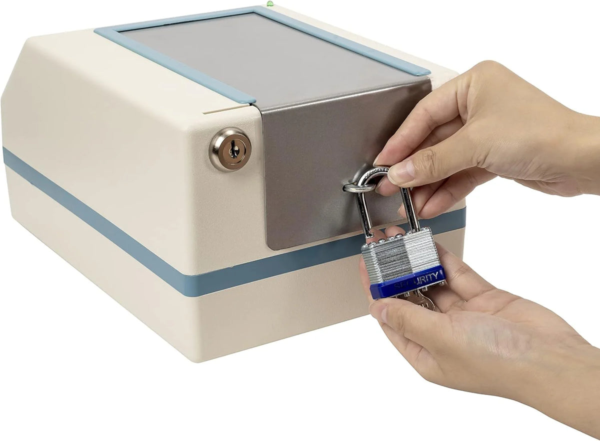 Tamper-proof automatic pill dispenser - metal safety lid with padlock