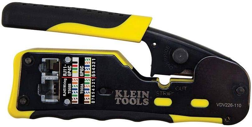 Klein Tools VDV226-110 Ratcheting Modular Cable Crimper / Wire Stripper / Wire Cutter, for RJ11/RJ12 Standard and RJ45 Pass-Thru Connectors