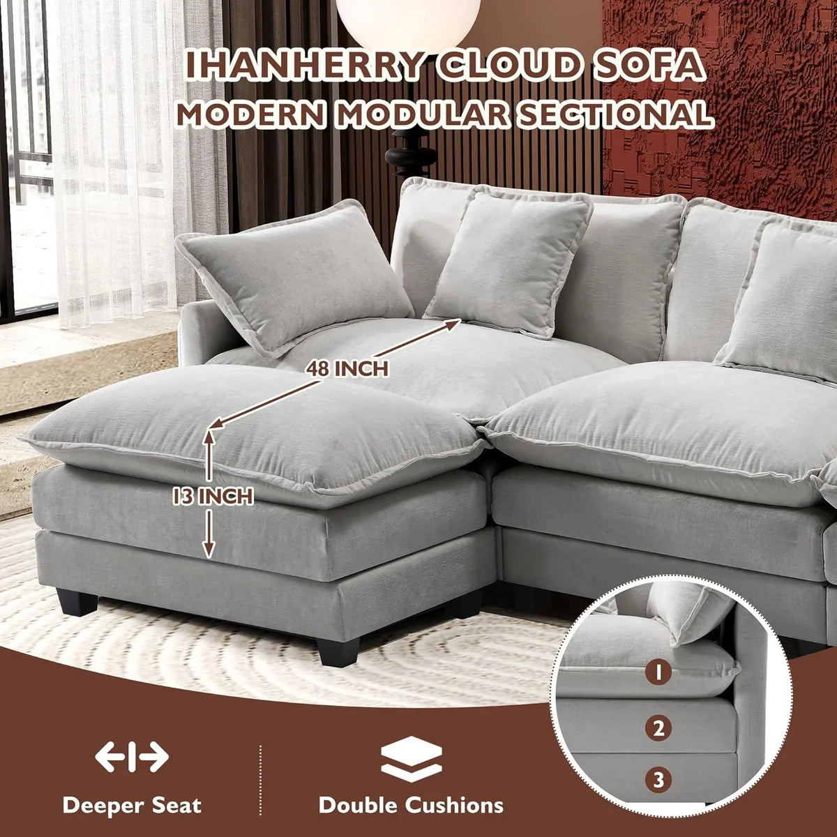 Ihanherry 146" U-Shaped Modern Sofa Modular Sectional Cloud Couch with 2 Ottoman, 6-Seat Chenille Deep Seat Sofa with 6 Pillows for Living Room, Bedroom and Apartment, Grey