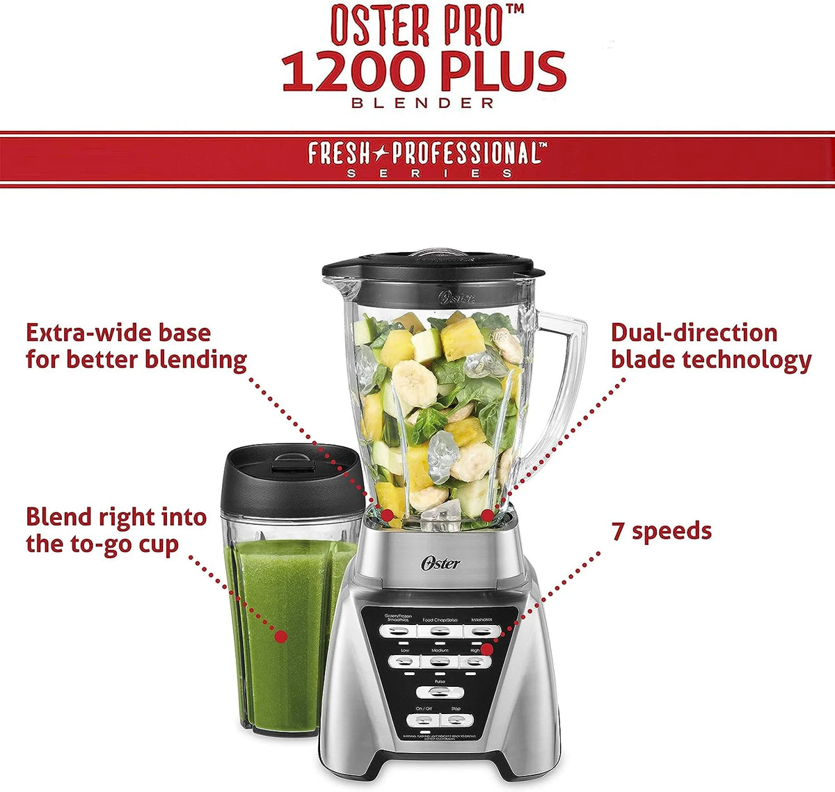 2025 Oster Blender | Pro 1200 with Glass Jar, 24-Ounce Smoothie Cup, Brushed Nickel