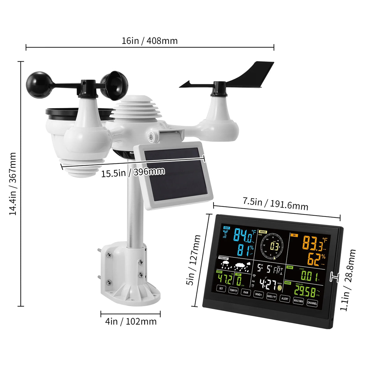 BENTISM 7 in 1 Wi-Fi Wireless Weather Station, for Indoor and Outdoor Temperature and Humidity, Wind Speed/Direction, Rainfall, with Built-in Barometer and 7.5in Digital Color Display